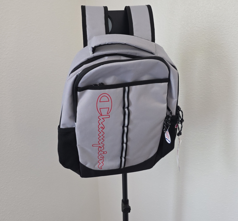 Champion Light Gray and Black Backpack with Red Logo